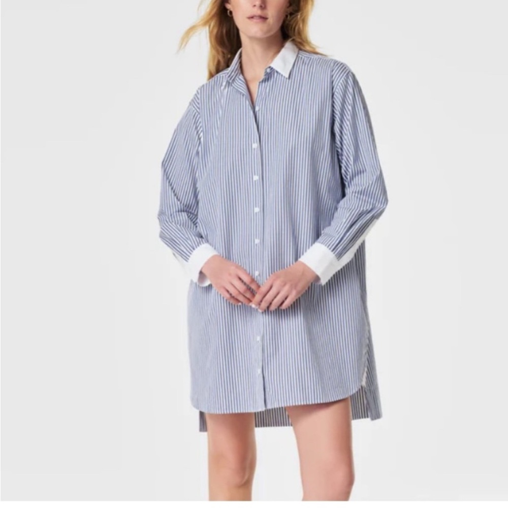 Blue and White Striped Shirt Dress